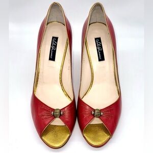 LULU GUINNESS Red Leather 3” Heels Old Style Diamond Accents Size: 39/ US:8